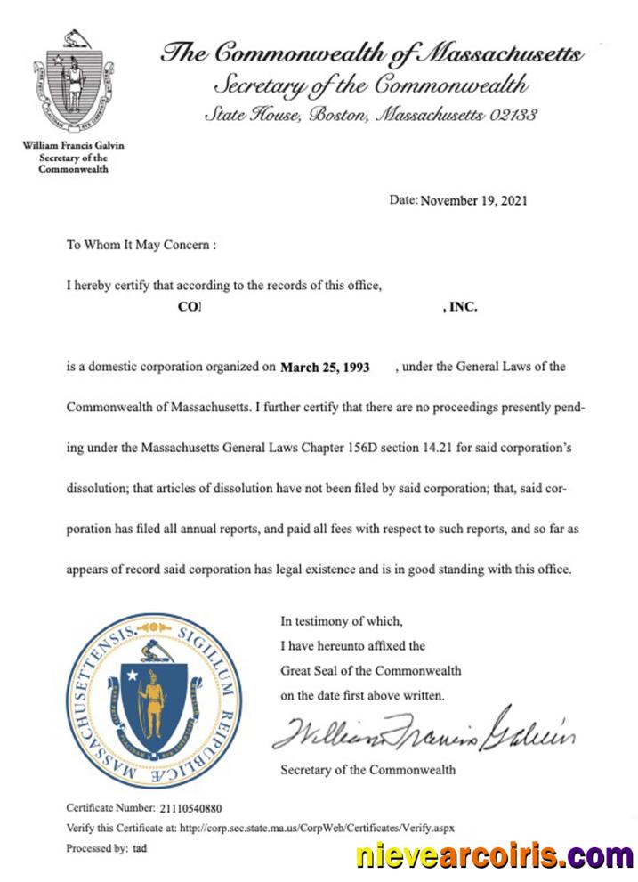 USA Massachusetts certificate of good standing